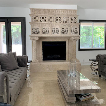 Travertine fireplace mantel two columns with hollow carving overmantel