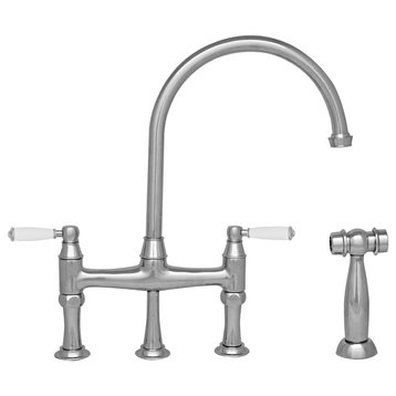 Faucet,Long Gooseneck Spout, Porcelain Lever Handles,Brass Side Spray