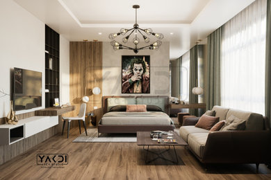 Diseño de dormitorio principal minimalista de tamaño medio sin chimenea con paredes blancas, suelo de madera en tonos medios, suelo marrón, casetón y madera