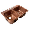Santi 33" Drop-in Copper Double Bowl Kitchen Sink, 4-Hole Right Side