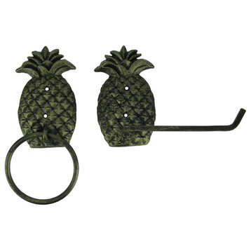 Antique Brass Finish Cast Iron Pineapple Towel and Tissue Holder Wall Decor Set