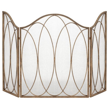 3-Panel Fireplace Screen in Burnished Gold Oval Design