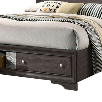 Benzara BM207367 Queen Bed with Plank Headboard and 2 Drawers, Brown and Silver