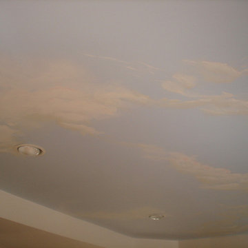 Living room. Mill work. Custom mural. Stencil.