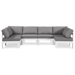 Meridian Furniture - Nizuc Water Resistant Patio U-Shaped Modular Sectional, Gray, 6-Piece: 4 Armless Chair, 2 Corner Chair, White Aluminum Frame - Pick and choose your favorites from the Nizuc collection to create a modular seating group the whole gang will enjoy. The sturdy aluminum frame provides dependable support for friends and family as they relax and unwind, and the resilient grey water resistant fabric stands up to the elements without losing its beautiful demeanor, so you can count on it lasting for the long haul. Latches beneath these seating pieces help you easily attach them to one another for convenient setup.