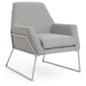 Modern Armchair, Stainless Steel Frame With Padded Seat and Flared Arms, Grey