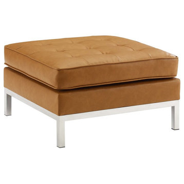 Loft Tufted Upholstered Faux Leather Ottoman, Silver Tan