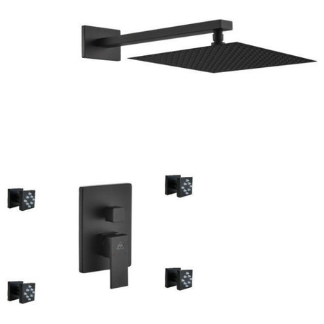 Aqua Piazza Set, 12" Square Rain Shower and 4 Body Jets, Matte Black