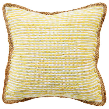 Golden Yellow and White Striped Jute Bordered Throw Pillow