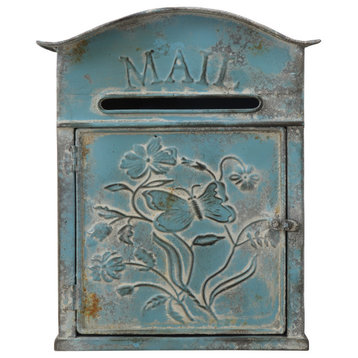 Embossed Tin Post Box, Distressed Finish, Blue