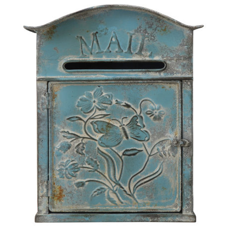 Embossed Tin Post Box, Distressed Finish, Blue