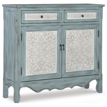Tall Console Table, Doors & Drawers With Decorative Front & Curved Bottom, Blue
