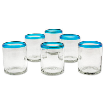 Aquamarine Kiss, Set of 6 Blown Glass Juice Glasses, Mexico