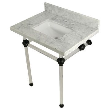 30X22 Marble Vanity Top w/Clear Acrylic Console Legs, Carrara Marble/Matte Black