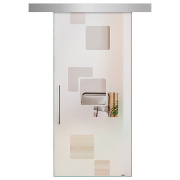 Glass Sliding Barn Door Semi- Private with Frosted Designs, 38"x81" Inches, T-Handle Bars