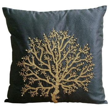 Black Big Square Pillow Cover Art Silk 24x24 Tree Beaded, Celebrated Tree