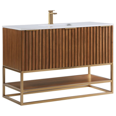 Terra Bathroom Vanity, Walnut/Satin Brass With White Quartz, 48", White Quartz Top