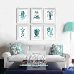 A Set of 6 Turquoise Sealife Art prints Turquoise Living Room Decor ideas - Products