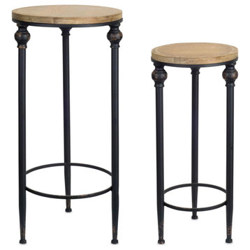 2 Pack Farmhouse Round End Table, Ball Accented Black Metal Base & Hardwood Top