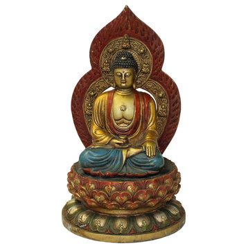 Golden Paint Relief Motif Dressing Metal Sitting Amitabha Buddha Statue