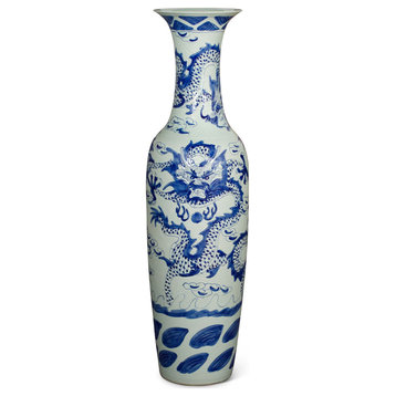 63 Inch Blue and White Porcelain Imperial Dragon Motif Chinese Jingdezhen Vase, 63