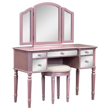 TATEUS 43" Dressing Table Set With Mirrored Drawers and Stool, Rose Gold