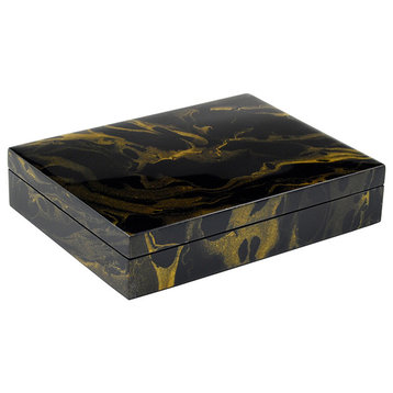 Lacquer Long Stationery Box Box, Black Gold Marble