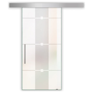 Glass Sliding Barn Door Full Private with various Frosted Designs, 34"x84" Inches, T-Handle Bars