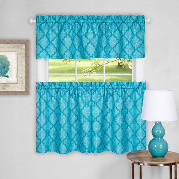 Colby Window Curtain Tier Pair and Valance Set, 58"x36", Turquoise
