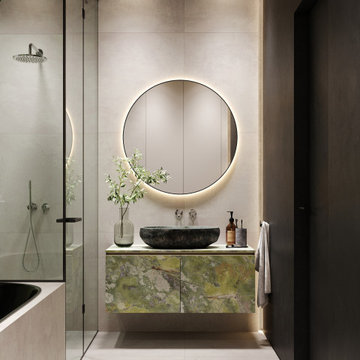 El baño perfecto con un techo negro y un lavabo de piedra