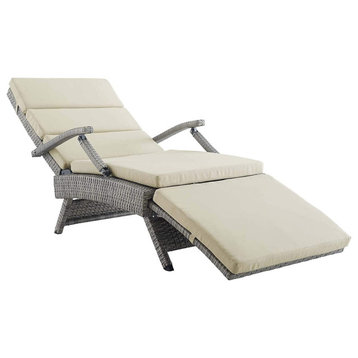 Contemporary Outdoor Chaise Lounge, Light Gray Wicker Frame With Cushion, Beige