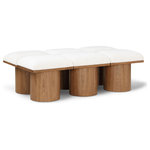 Meridian Furniture - Pavilion Black Boucle Fabric Bench, Cream, Walnut Brown Finish, 54" W X 31" D X 17.5" H - Bring valuable seating and remarkable style to your space with this cream Pavilion boucle fabric bench, an exquisite balance of style and usability for the entryway, bedroom, and beyond. Crafted from oak veneer with a walnut brown finish, this bench has a 4-inch-thick seat cushion that's channel-tufted for a touch of luxury. The bench's columnar bases add a dash of art deco design, making it a captivating focal point in any room.