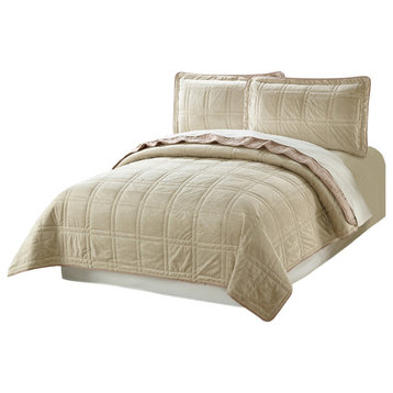 3 Piece Box Quilted Micromink King Bedspread, Oatmeal