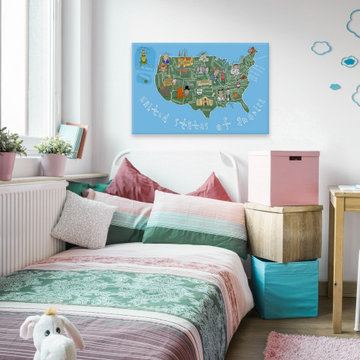 "Blue United States of America Map" Painting Print on Wrapped Canvas