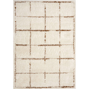 Reese Collection Cream Rust Distressed Ribbed Shag Area Rug, 7'10"x10'10"