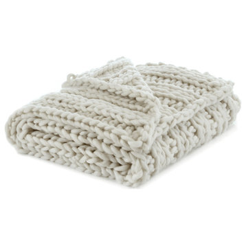 Cream Knitted Polyester Solid Color Throw Blanket