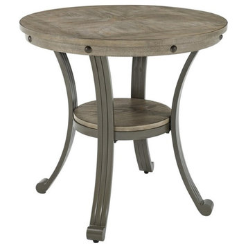 Linon Franklin Round Side Table Gray Wood Finish Steel Base in Pewter