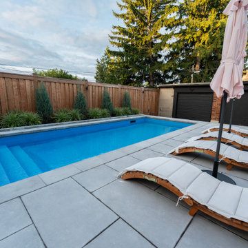 Narrow-Lot Backyard Pool with Paver Deck, Cedar Privacy Fence & Layered Planting