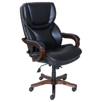 Modern Office Chair, Black Bonded Leather Seat & High Back With Lumbar Support