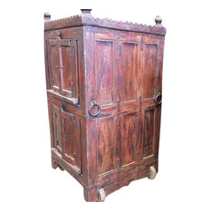 Mogul Interior - Consigned Antique Armoire Furniture Vintage Indian Red Cabinet on wheel - Armoires And Wardrobes