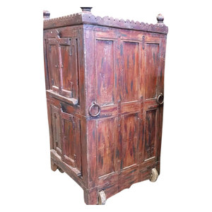 Mogul Interior - Consigned Antique Armoire Furniture Vintage Indian Red Cabinet on wheel - Armoires And Wardrobes