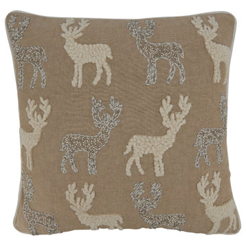 Reindeers Pillow With Beaded and Embroidered Design, Natural, 18", Down Filled