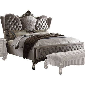 ACME Versailles Tufted Queen Panel Bed in Antique Platinum Gray Fabric