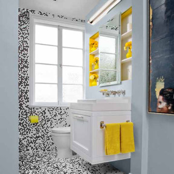 Black + White Bathroom with Mosaic Tile, Floating Vanity + Ethereal Art