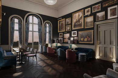 Imagen de comedor ecléctico grande con con oficina, paredes azules, suelo de madera oscura y suelo marrón