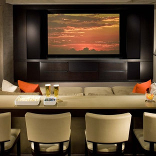 Mid-sized trendy enclosed carpeted home theater photo in Denver with beige walls and a media wall