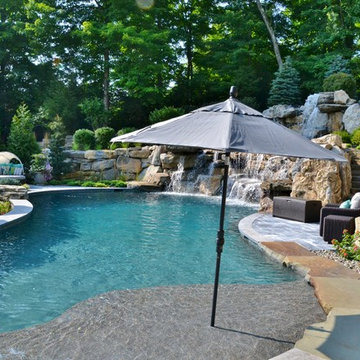 Pool and Spa with Water Feature Built into Mountainside - Mahwah, NJ