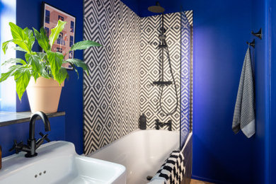 True blue bathroom makeover with black and white accents