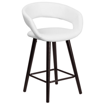 Brynn Series Vinyl Stool With Cappuccino Wood Frame, White, Counter Height