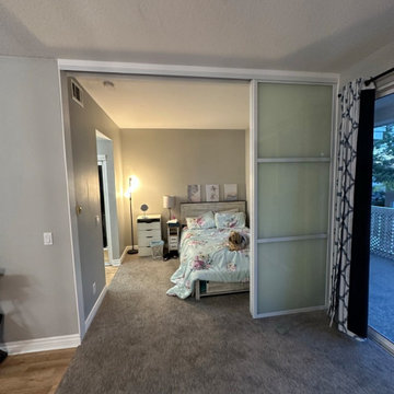 Top Hung Room Dividers White Frame White Laminated Glass 3 panel / 3 track.
